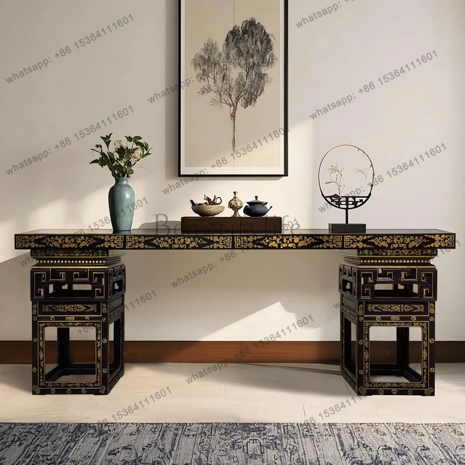TS66 new Chinese style solid wood long table hand-painted lacquer painting long coffee table 220 * 50 * 83cm