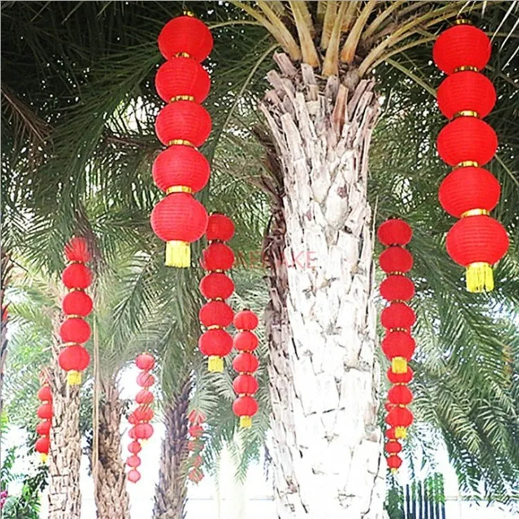 1PCS Mid-Autumn Festival outdoor waterproof steel wire lanterns, silk fabrics, red lanterns hanging on a string of brushed trees