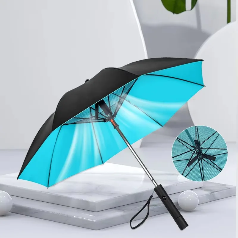 

High Quality LM-L Manual Adult Travel Umbrella Black UV Protection Fan Cooling Direct USB Charging Plastic Handle Straight China