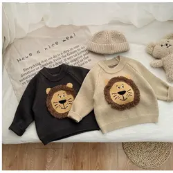 Autumn Winter Kids Cartoon Lion Knitted Sweater Baby Girl Thicken Casual Warm Pullover Knitwear Boys Children Retro Tops Clothes