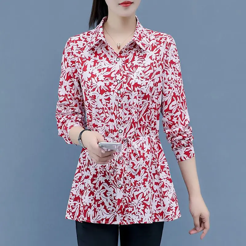 Pendolarismo camicia stampata con fiori spezzati primavera autunno manica lunga elegante fiocco con coulisse abbigliamento donna camicetta monopetto