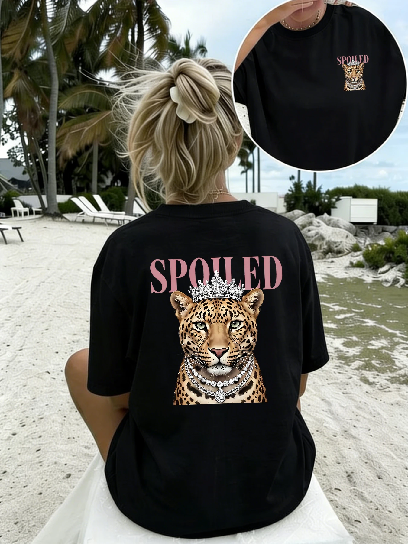 Worn-out Crown Leopard Two-Sided Print T-shirt, Spring/Summer Style Round-neck Short-Sleeved Casual Top, Women's Clothing
