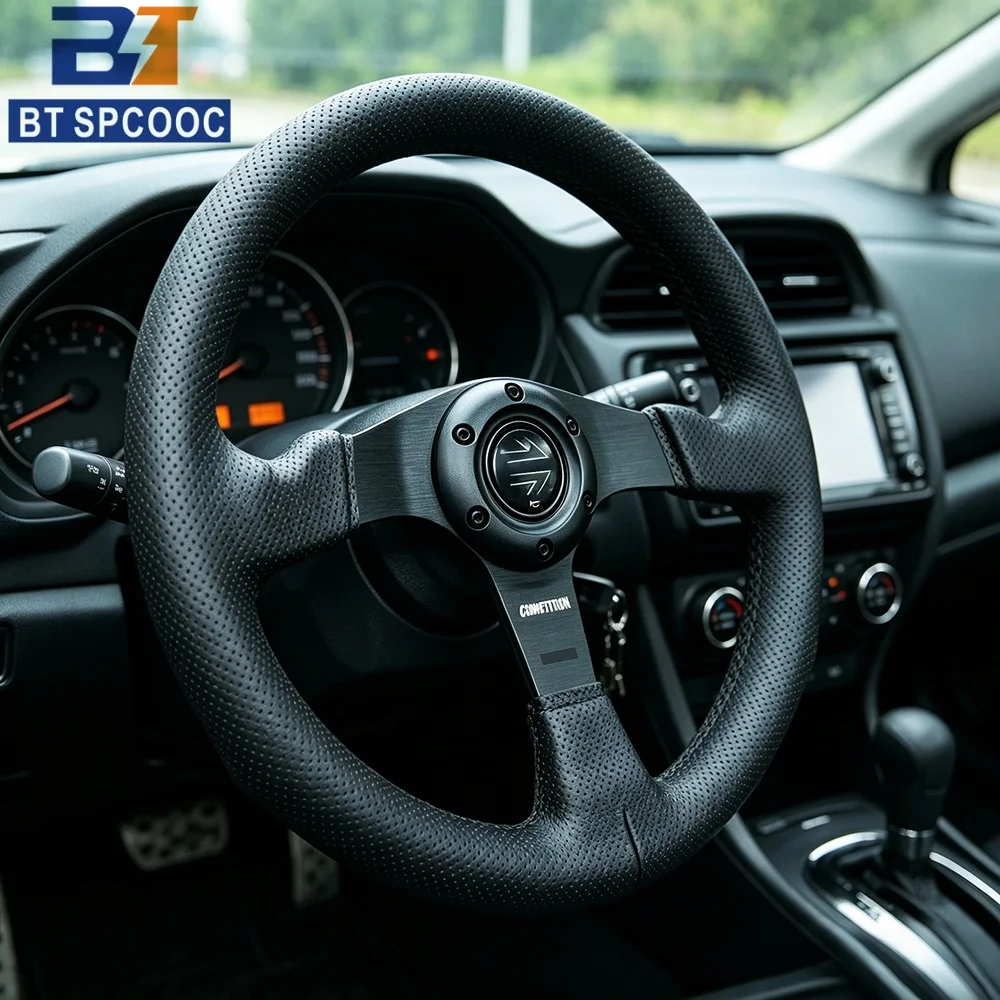 Blue Yellow Stitching Italy Style V1 Steering Wheel Real Leather 14inch 350mm Flat Italy Back Engraving Racing Street Sport