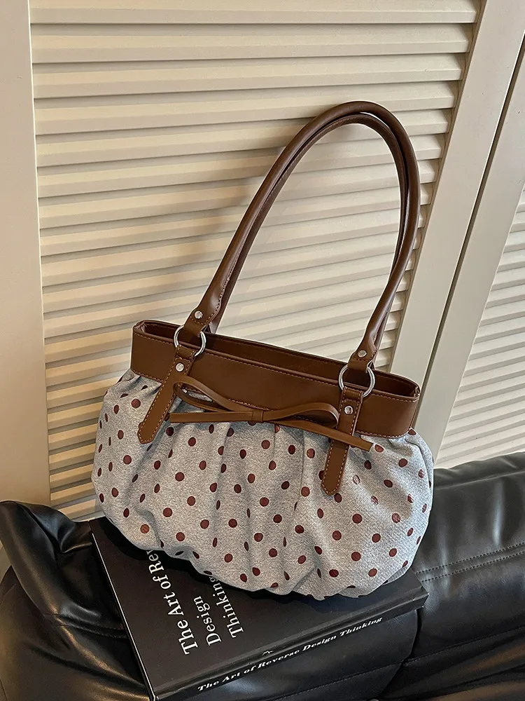 Vintage Color Blocked Polka Dot Shoulder Bag Women Fashion Exquisite Bowknot Pleated Underarm Bags Chic Large Capacity Handbags
