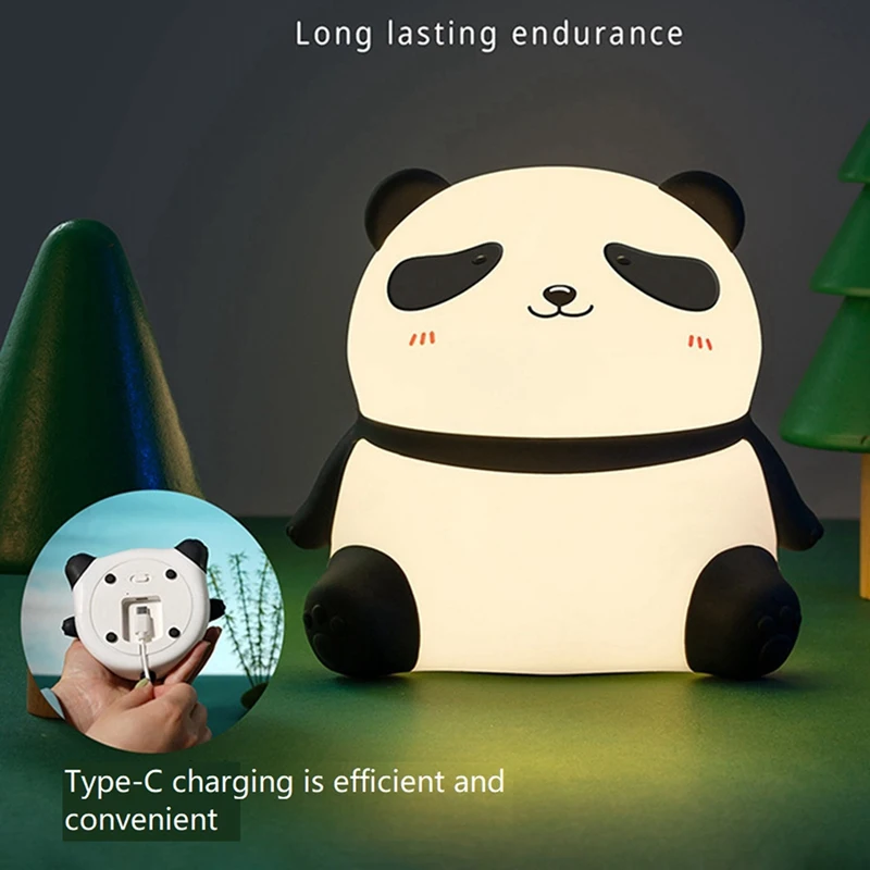 Cute Panda LED Night Light Silicone USB Rechargeable Timer Bedside Lamp Room Decor Children Nightlight Gift
