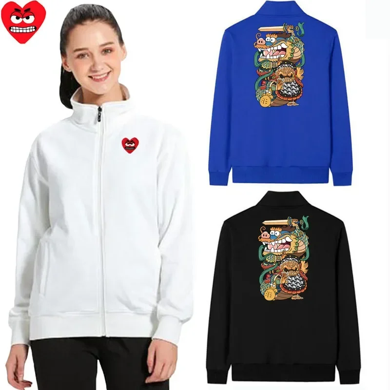 Break Egg Women Jacket Cotton Cartoon Heart Embroidered Dragon Pattern Printed Collar Zipper Pocket Wool Casual Autumn Jacket