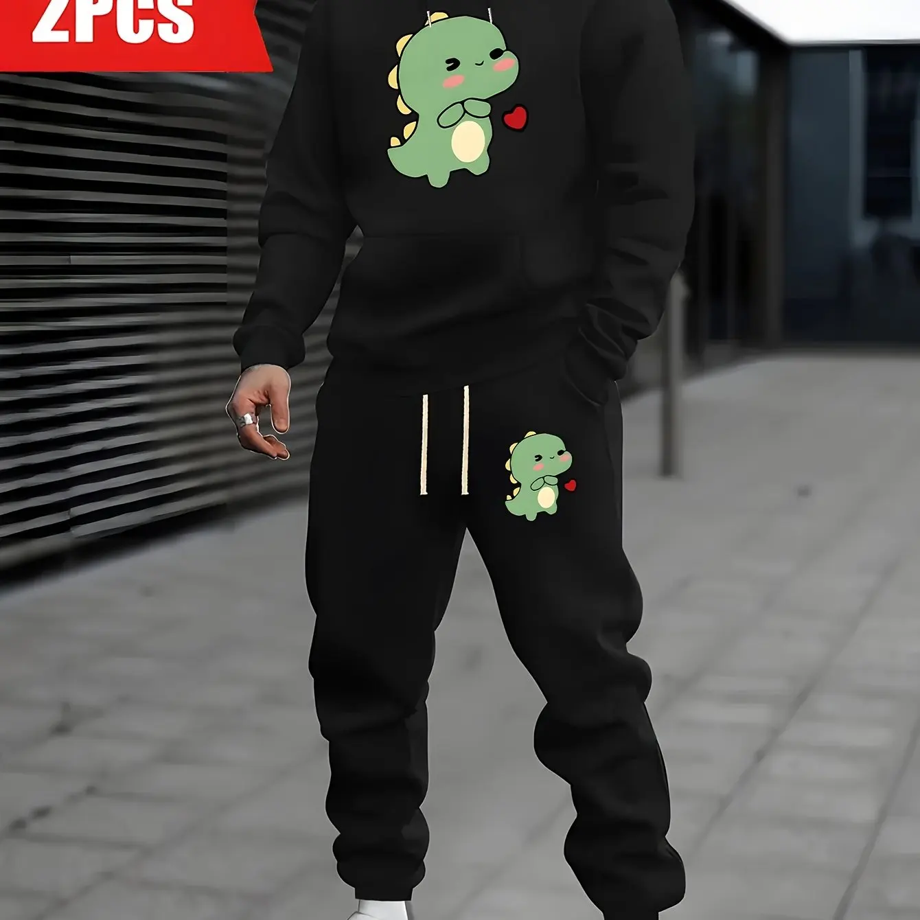 Men Dinosaur Heart Print Hoodie Jogger 2‑Piece Set, Thick Fashion Casual Sportswear for Spring Autumn Winter Outdoor Daily Wear