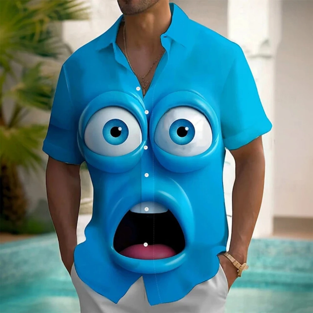 الكرتون الوجه المبتسم قميص رجالي الصيف قميص زر يصل قميص قصير الأكمام مضحك ابتسامة الجرافيك قمصان هاواي للرجال الملابس
