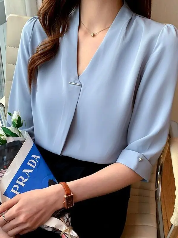 

Ele Chiffon irt Tee-Quarter Sve V-Ne Белая рабочая одежда Простая элитная женская одежда на весну и лето Faion