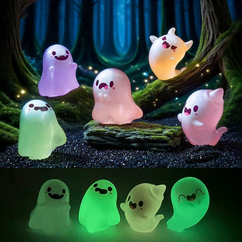6PCS Halloween Cute Ghost Small Figurines Luminous Decoration Mini Toy Party Cartoon Resin Desktop Ornament Glow In Dark