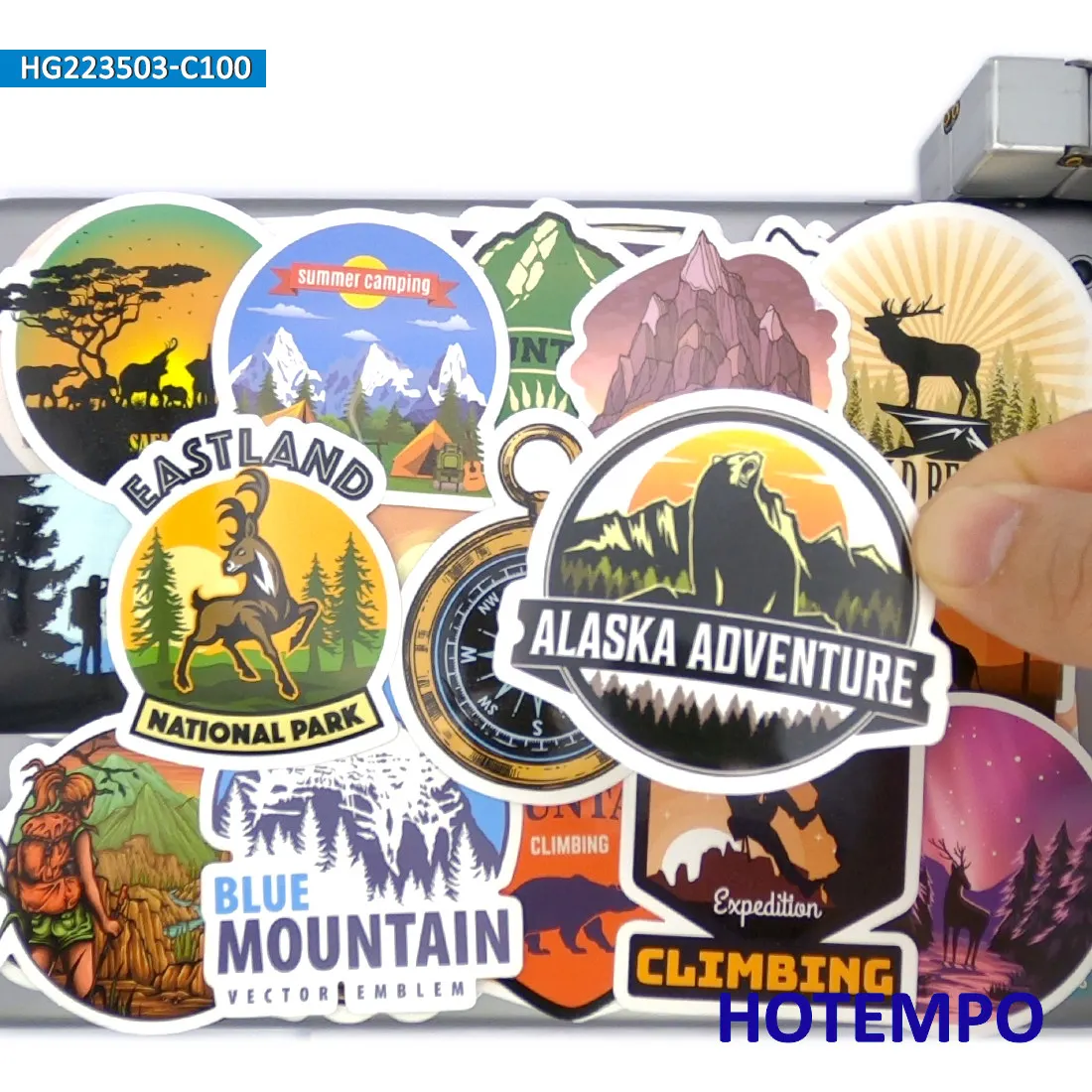 100ピース、アウトドアアドベンチャーステッカー、 ハイキング、クライミング、キャンプ、 森の旅行、 装飾用、ノートパソコン、車、電話、オートバイ、スクラップブック、荷物に適しています、 面白いステッカーパック