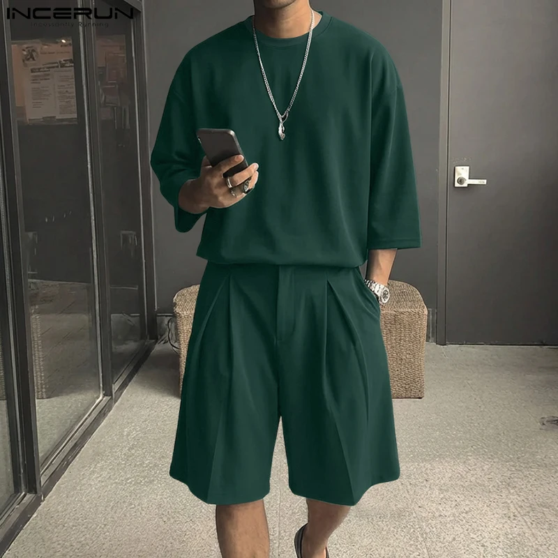 INCERUN Men's Sets Solid Color O-neck 3/4 Sleeve T Shirt Shorts Two Piece Sets Streetwear Oversize 2026 Casual Men Matching Sets - Image 2