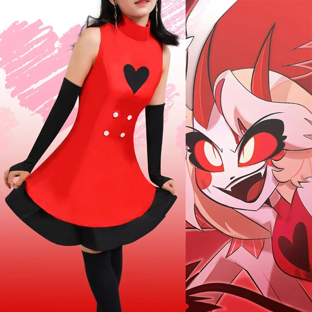 Anime Hazzbin Cosplay Costume d'Halloween pour filles adultes, perruque rouge, queue de corne, jupe en fibre sexy