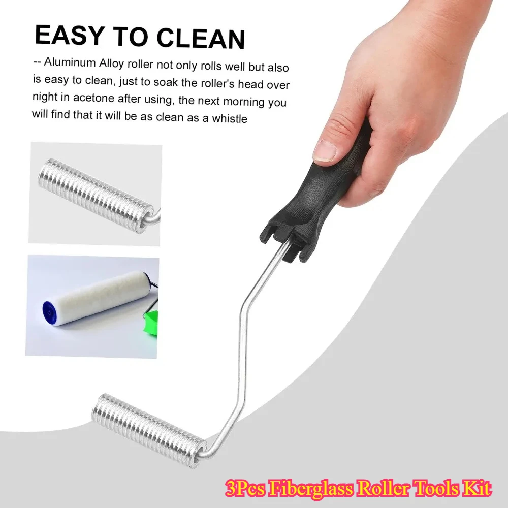3Pcs Fiberglass Roller Tools Kit - Bubble Paddle & Laminating Paint Roller with Aluminum Head