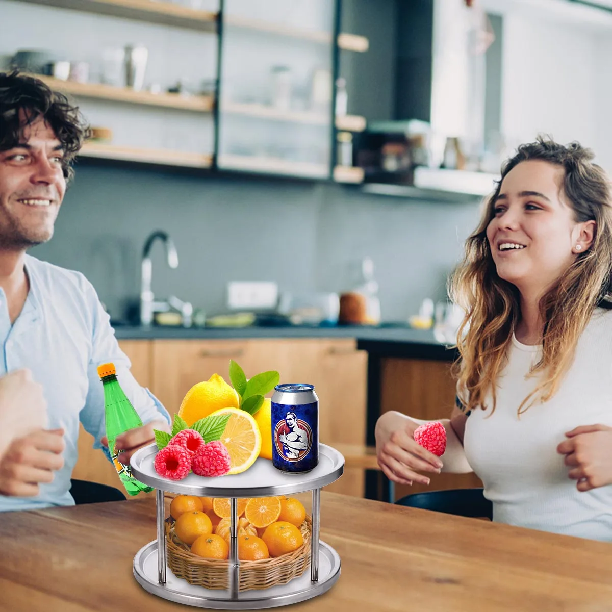 

1Pcs Double Layer Turntable Dish Rack Kitchen Storage Holder Stainless Steel Plate Rack Spice Stand Seasoning Holder Organizer