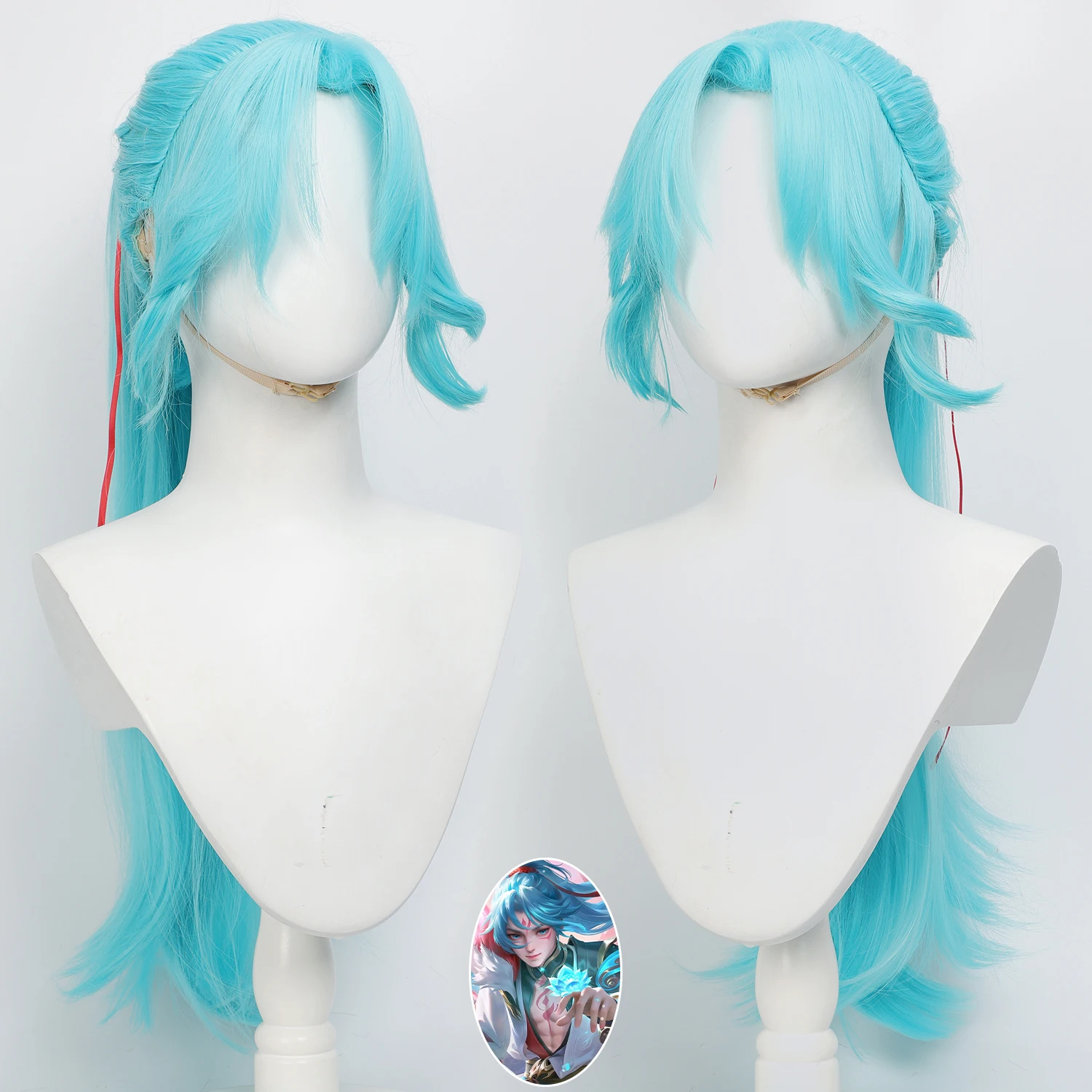 Anime Cos Wig Cyan Blue Long Hair Detachable Ponytail Claw Clip Heat Resistant Synthetic Fiber With Wig Cap For Game Halloween