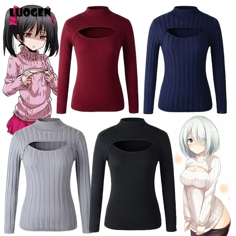 Suéter de punto con pecho abierto para Cosplay de Anime japonés, suéteres y jerseys con ojo de cerradura para mujer, Jersey Sexy de cuello alto a rayas, tejido para chicas Lolita