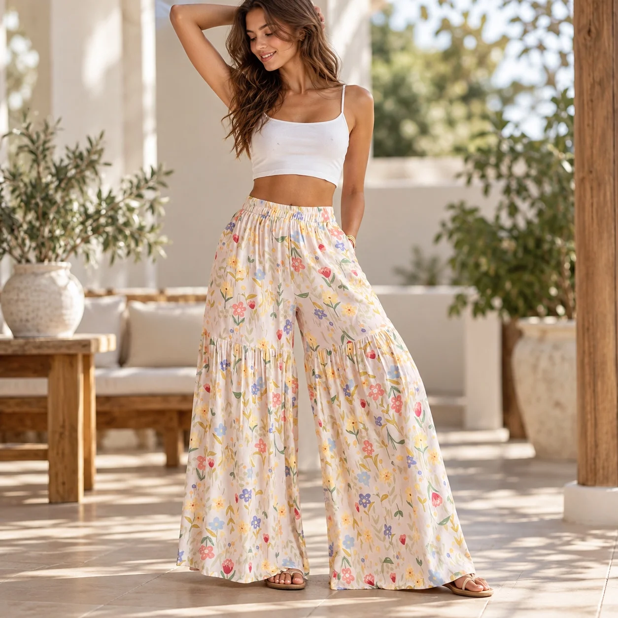 Loose Fit Pants Full Length Fresh with Sweet Fresh Elastic Waist Regular Thickness Sweet Slight Stretch Spring Women Pants