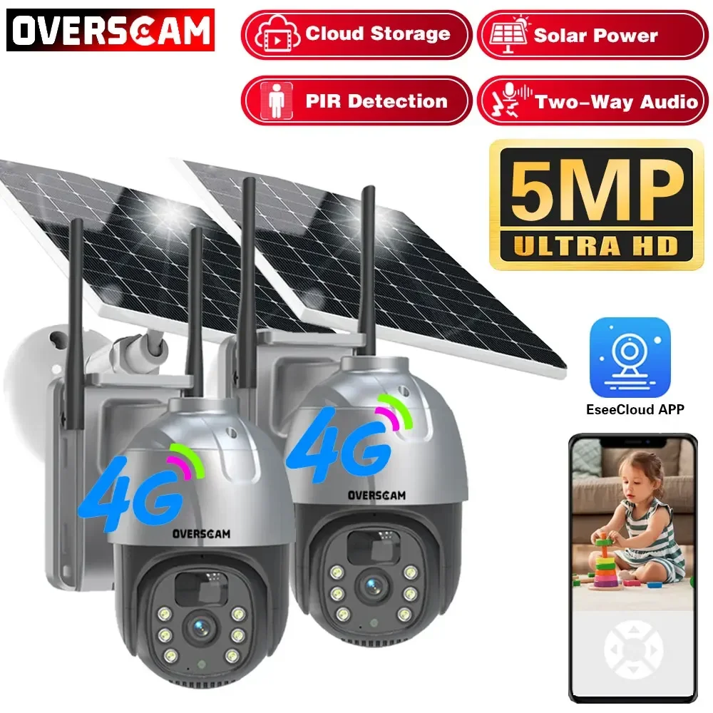 5MP 4G Sim Card Solar PTZ Camera Built-In Battery AI PIR Motion Detection Outdoor Security CCTV Surveillance IP Camera EseeCloud