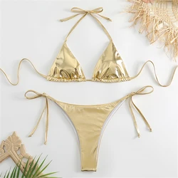 Conjunto de Bikini triangular con cuello Halter para mujer, bañador Sexy de charol con purpurina, traje de baño liso con Tanga, Monokini con cordones laterales, 2023