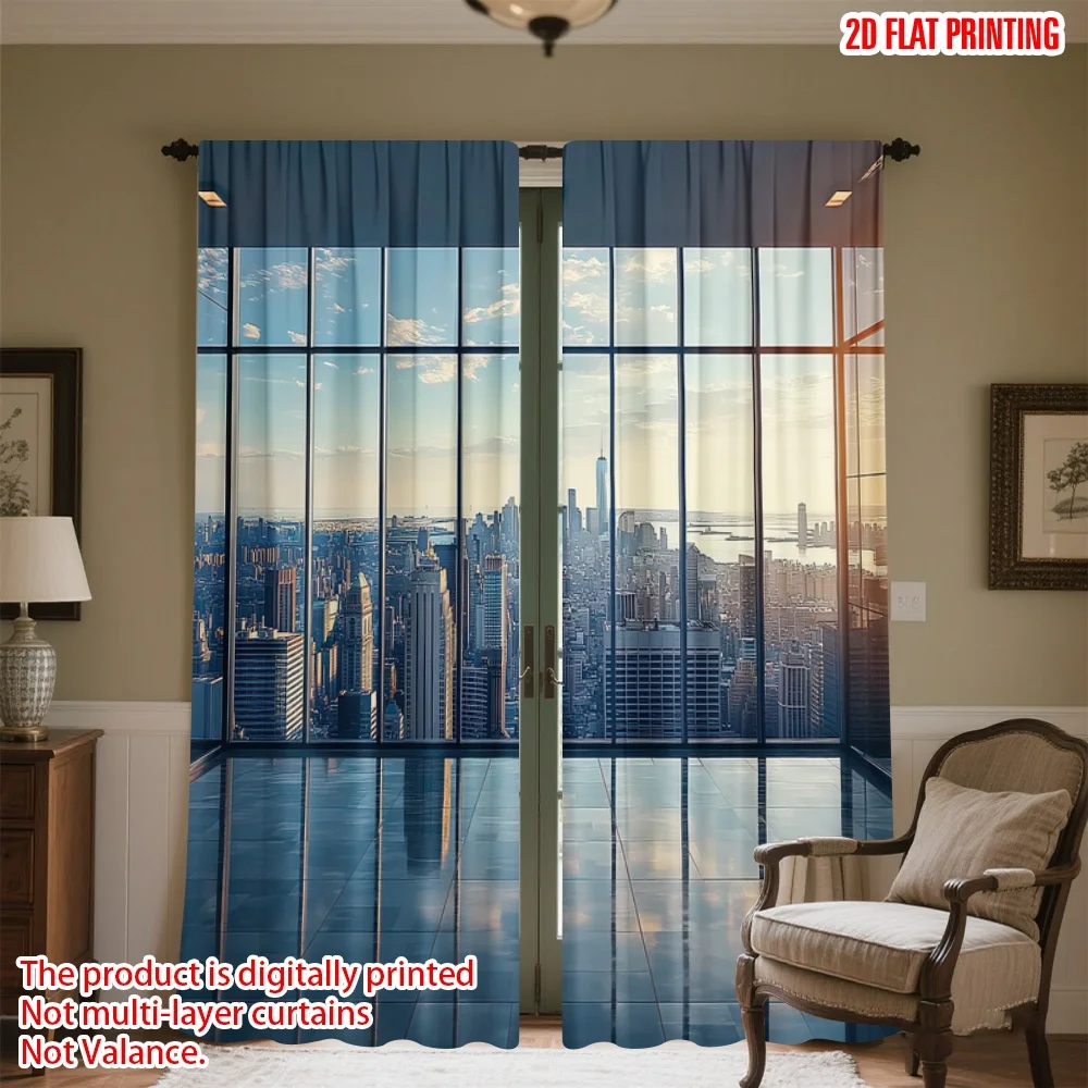 

2D flat printing 2pcs Party Curtain City Skyline at Dusk Digital Printed Polyester Drapes Festive Wall Decor for Indoor