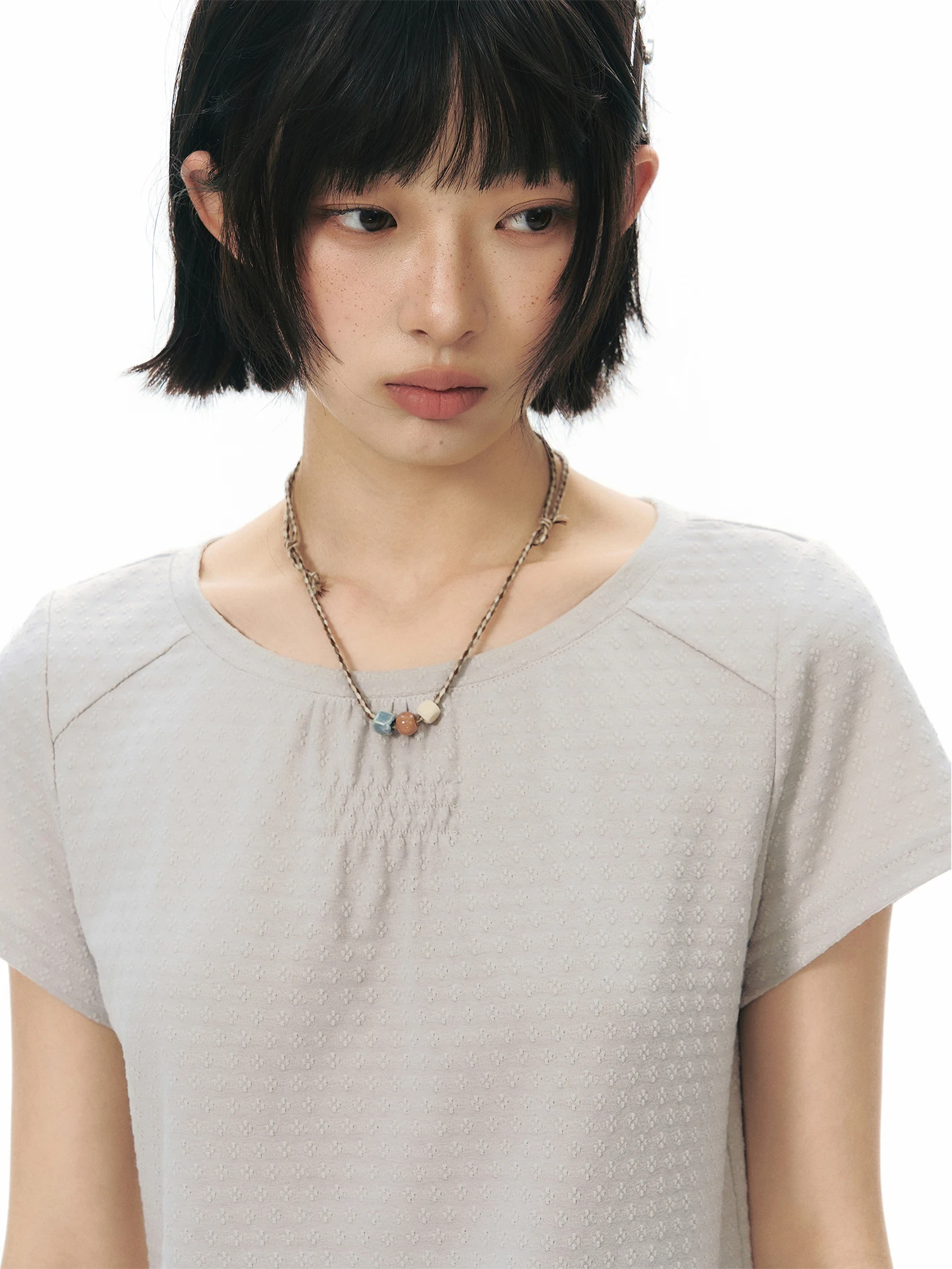 NAPSNAPS Original Folded Collar Short Sleeve T-Shirt Women's Summer New round Neck Design Sense Retro Shoulder Level Top