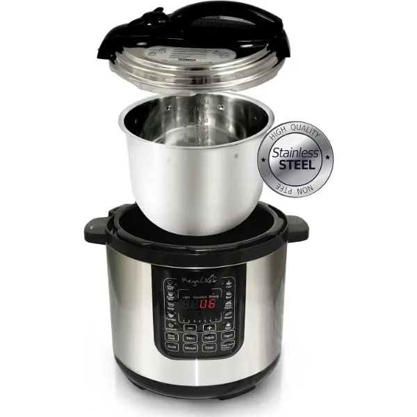 Panela de pressão digital MegaChef, MCPR120A, 8 quart, 13 recursos multifuncionais pré-definidos, Aço inoxidável