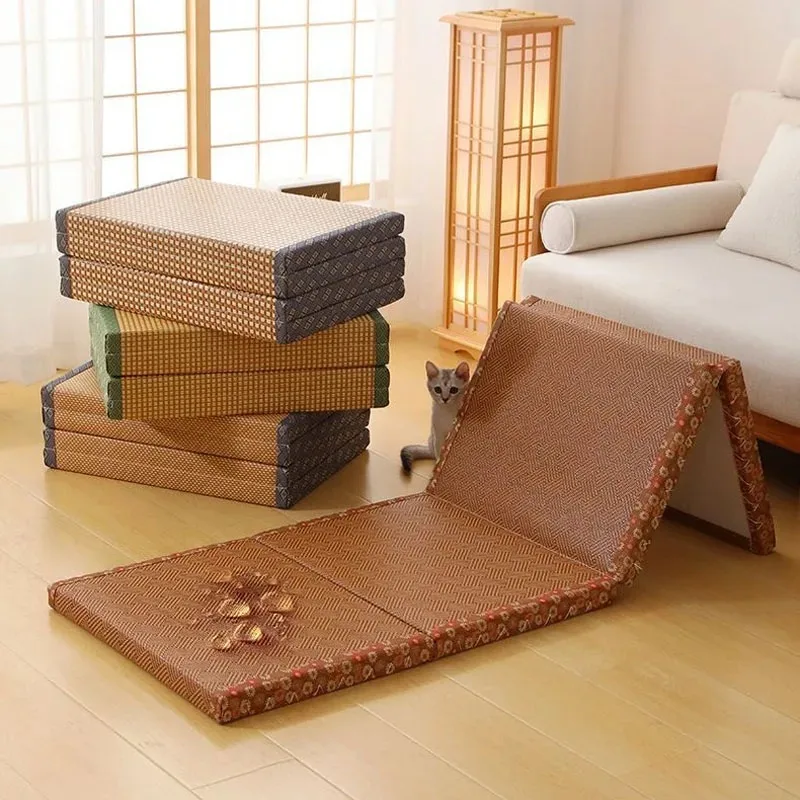 3cm/5cm Thick Japanese Style Folding Tatami Mattress with Artificial Rattan Surface Coir Core for Yoga Meditation Cooling Mat