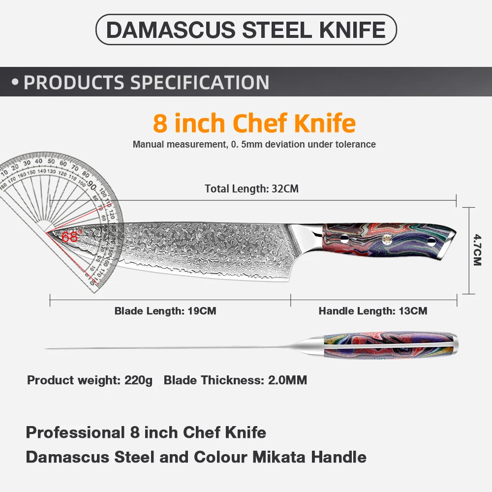 Profession 8 Inch Damascus Chef Knife Ultra Sharp Kitchen Knife Japan VG-10 Steel Chefs Cooking Knife Color G10 Handle Cut meat