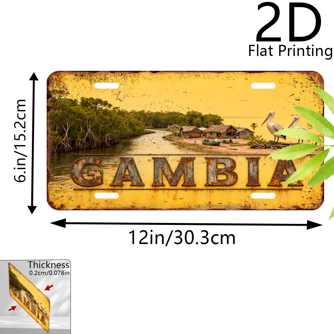 2D Flat, 2D Flat Printing, Single Piece, Vintage Sign, Decorative Plaque And Ornament (6 Inches X 12 Inches), Gambia City, Retro
