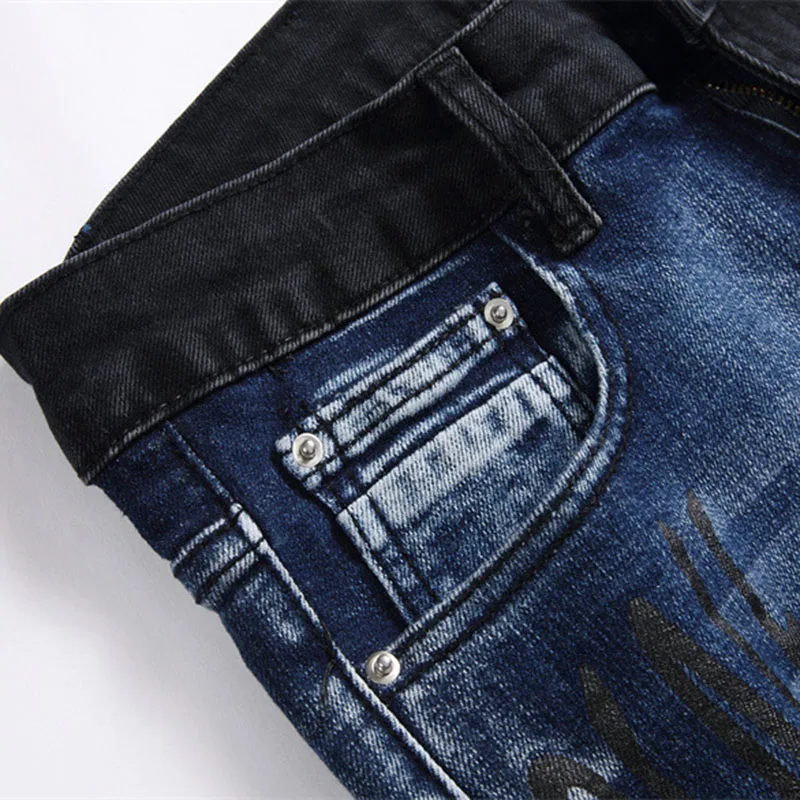 Men Punk Skinny Denim Letter Printing Jeans Male Patchwork Holes Ripped Stretch Casual Jeans Slim Fit Trousers Streetwear Pants