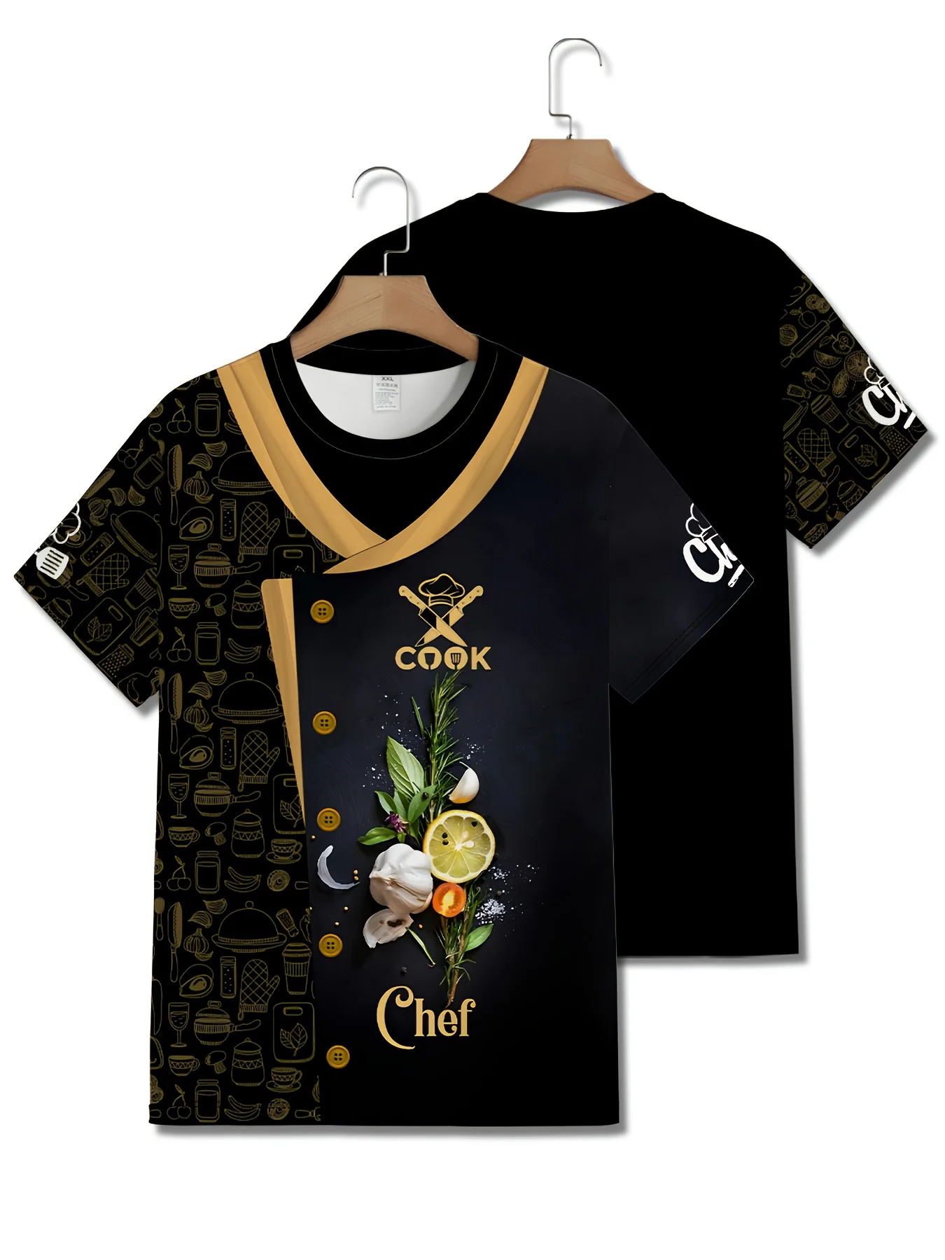 2026 3D Lemon Garlic Herb Chef‑Print T‑Shirt  V‑Neck Mock‑Button Kitchen‑Utensil Pattern Restaurant Cook Short‑sleeve Work Unifo