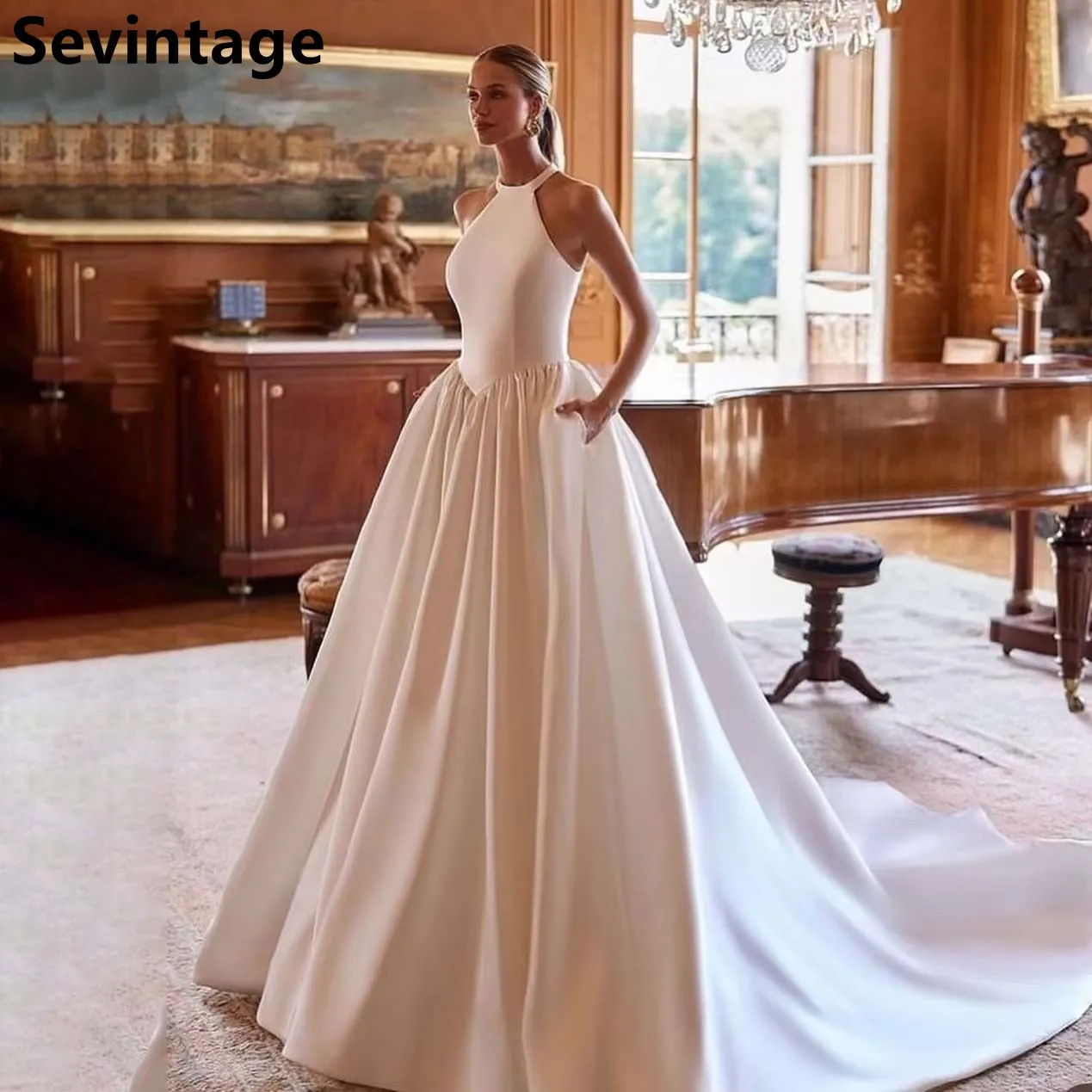 Sevintage 2025 vestido De Novia De satén marfil con cuello Halter, vestido De baile, Vestidos De Novia personalizados