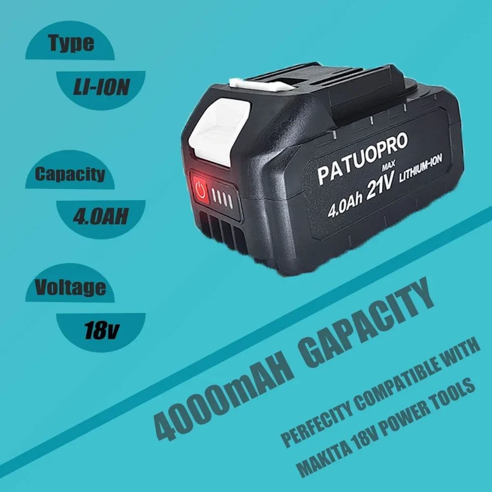 PATUOPRO 18–21 V 2,0 4,0 6,0 8,0 Ah wiederaufladbare Lithium-Batterie, passend für Makita 18 V Akku-Sägenschlüssel, Bohrer, Winkelschleifer, Gebläse