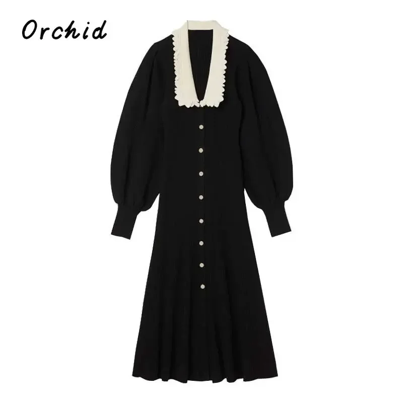 

England Fashion Solid Dress Women Retro V-neck Lantern Sleeve Dresses Elegant Slim Long Dress 2023 Fall High-end Female Clothes