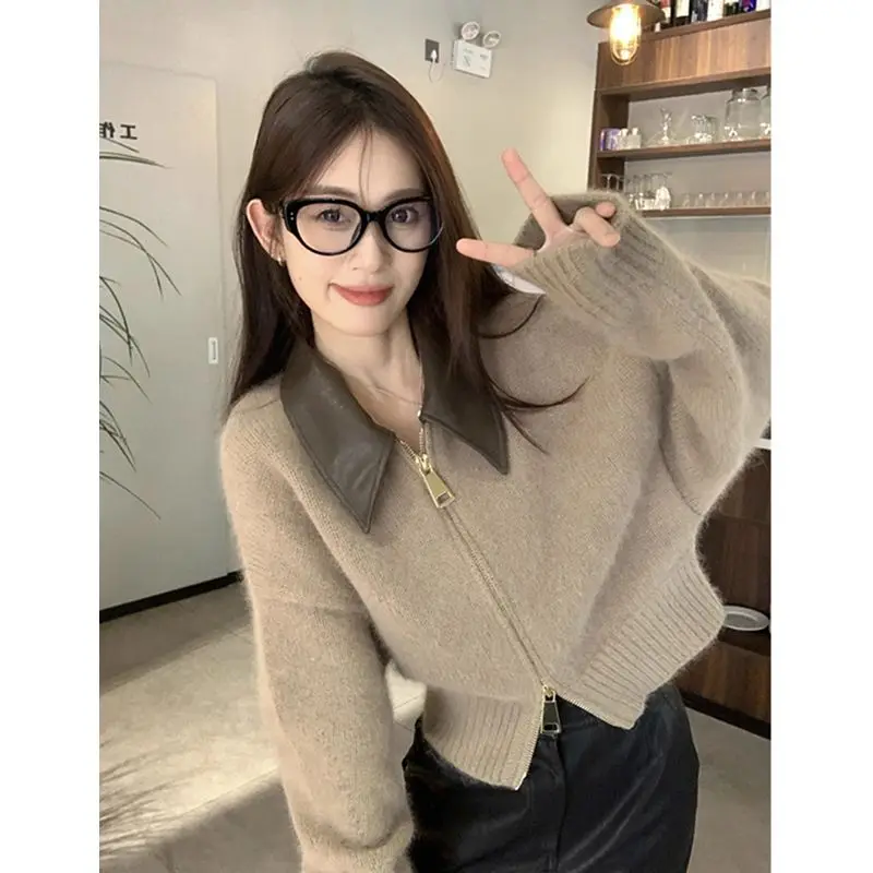 Korea POLO Collar Patchwork Zipper Lazy Style Cardigan Sweater Autumn New Knitted Cardigan Jacket Female Clothing