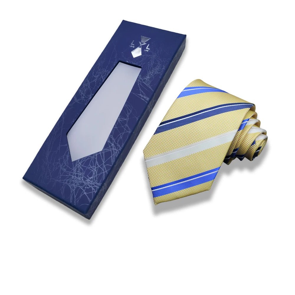 DS Brand New Design 8CM Cravatte a righe gialle con scatola per uomo Cravatta da lavoro Accessori per collare da sposo per feste 2025 Autunno Inverno