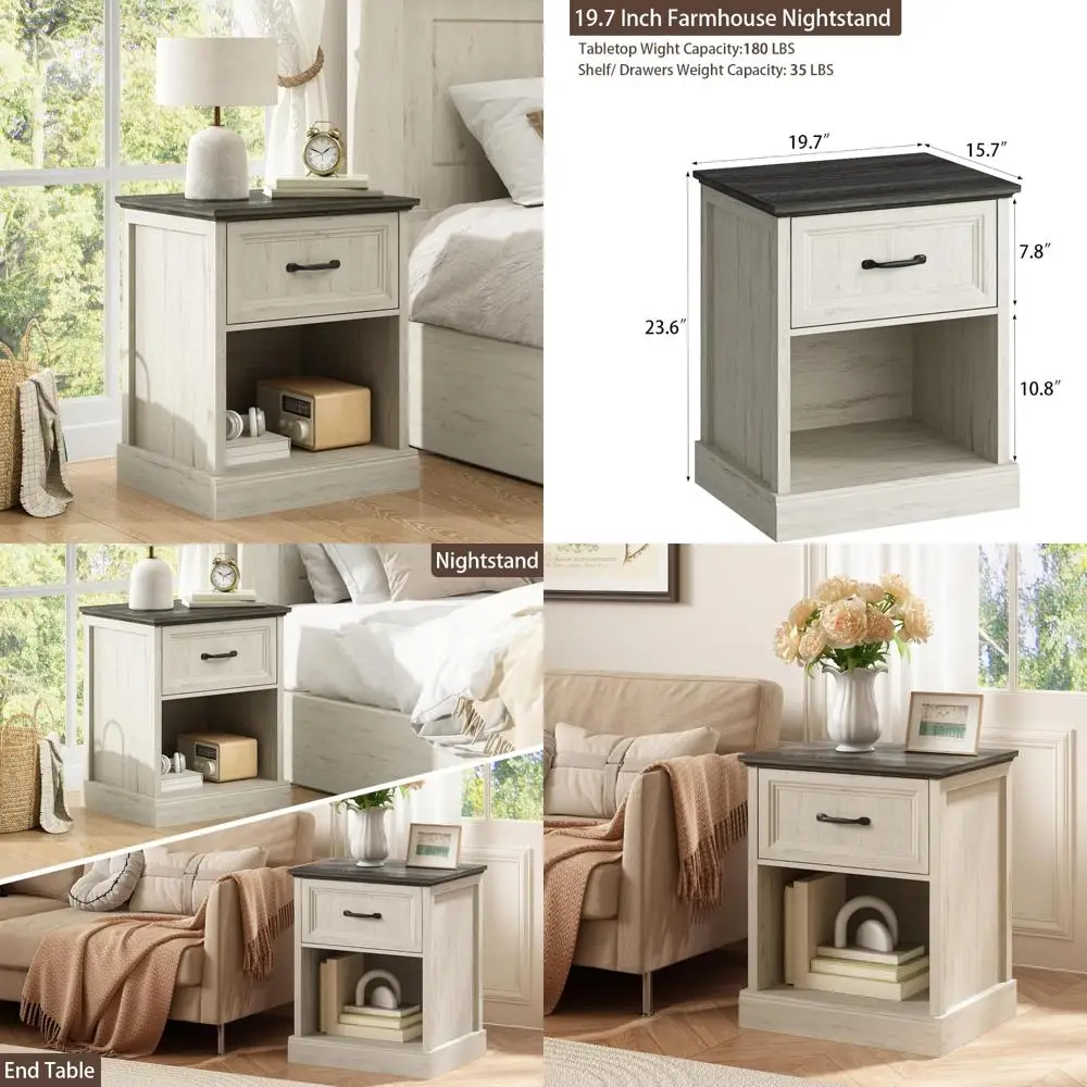 Farmhouse Style Nightstand with Spacious Drawer and Open Shelf for Bedroom and Living Room