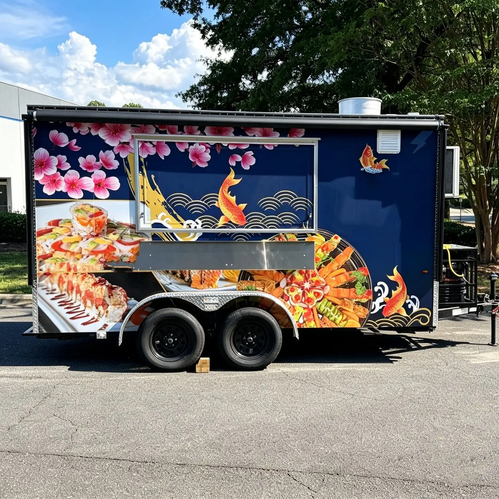 Mobile Asian Street Food Trailer With Custom Wrap Awning & AC, for Sushi Poke Bowl Teriyaki Spring Roll Street Vendor Business