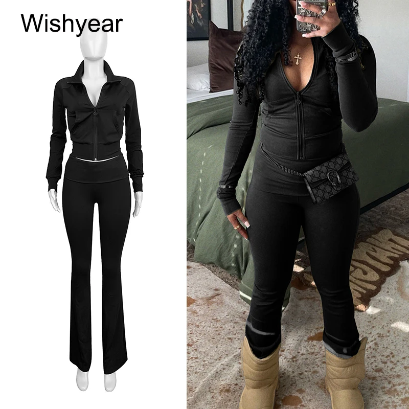 

Casual Sports Fitness 2 Piece Pants Set for Women Zip Long Sleeve Crop Tops and Leggings Jogger Trousers Female Streetwear OutfI