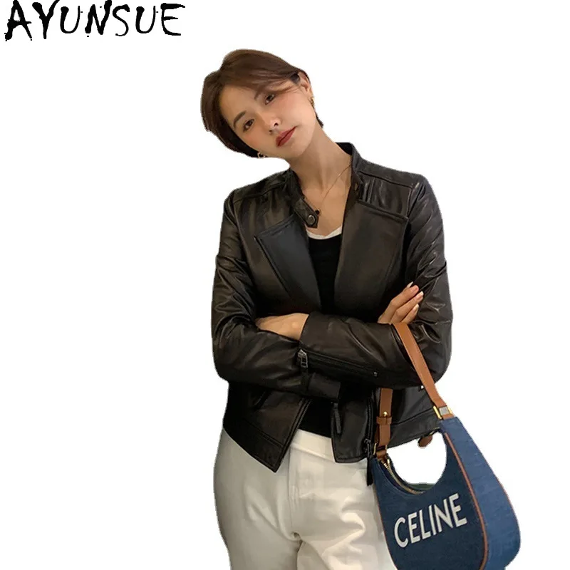 AYUNSUE Skórzana Kurtka Damska Motocyklowa Wiosna Jesień Odzież Prawdziwa Skóra Owcza Płaszcze Damskie 2025 Jaqueta De Couro
