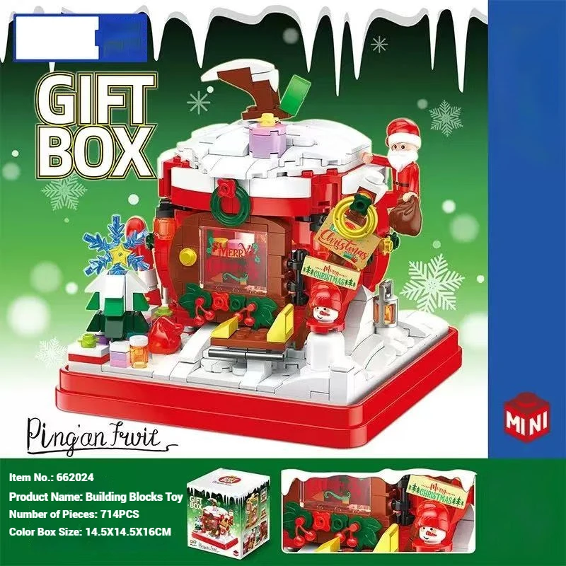 Christmas home decorations, gingerbread house and apple model kits, children's holiday building blocks toys and gifts.