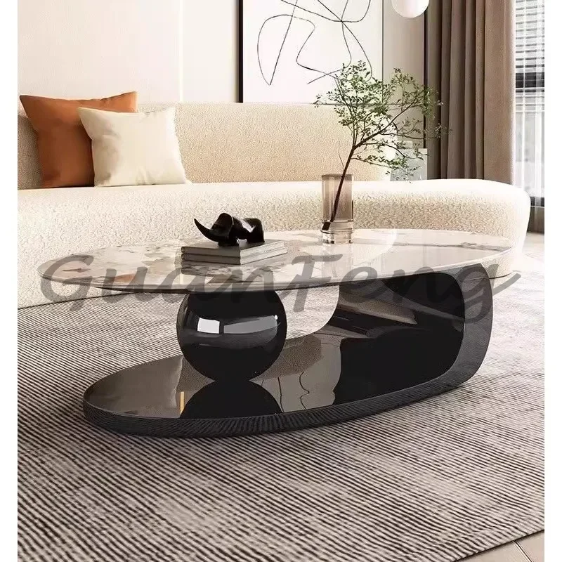 Placa de roca ovalada minimalista nórdica, borde combinado de café, varias mesas de centro, celebridades en línea