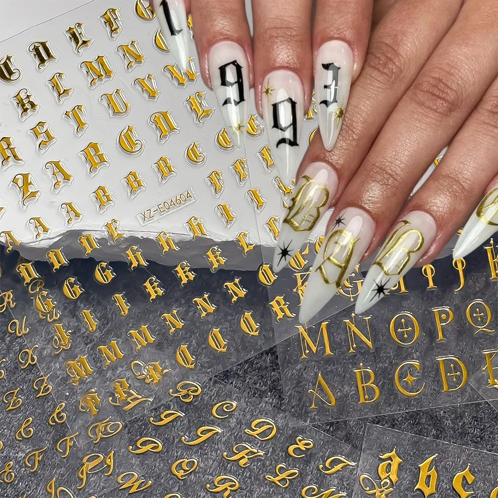 6 Stück 3D Luxus Metall Gold Alphabet Nagelaufkleber Vintage Schrift Block Altenglische Buchstaben Stern Nagelsticker Initialen Name Nageldekoration