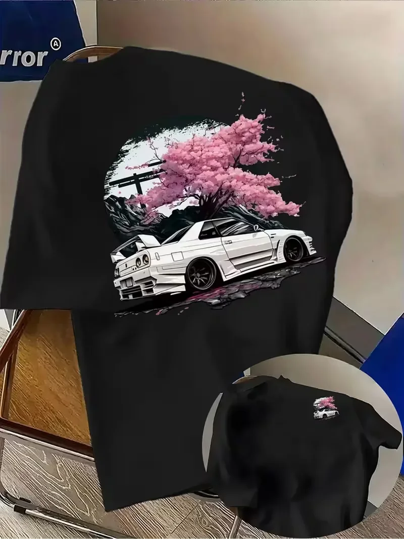 Men's JDM Car Cherry Blossom Graphic Print T-Shirt, Casual Short Sleeve Top, Trendy Racing Car Print Summer Daily Streetwear Tee