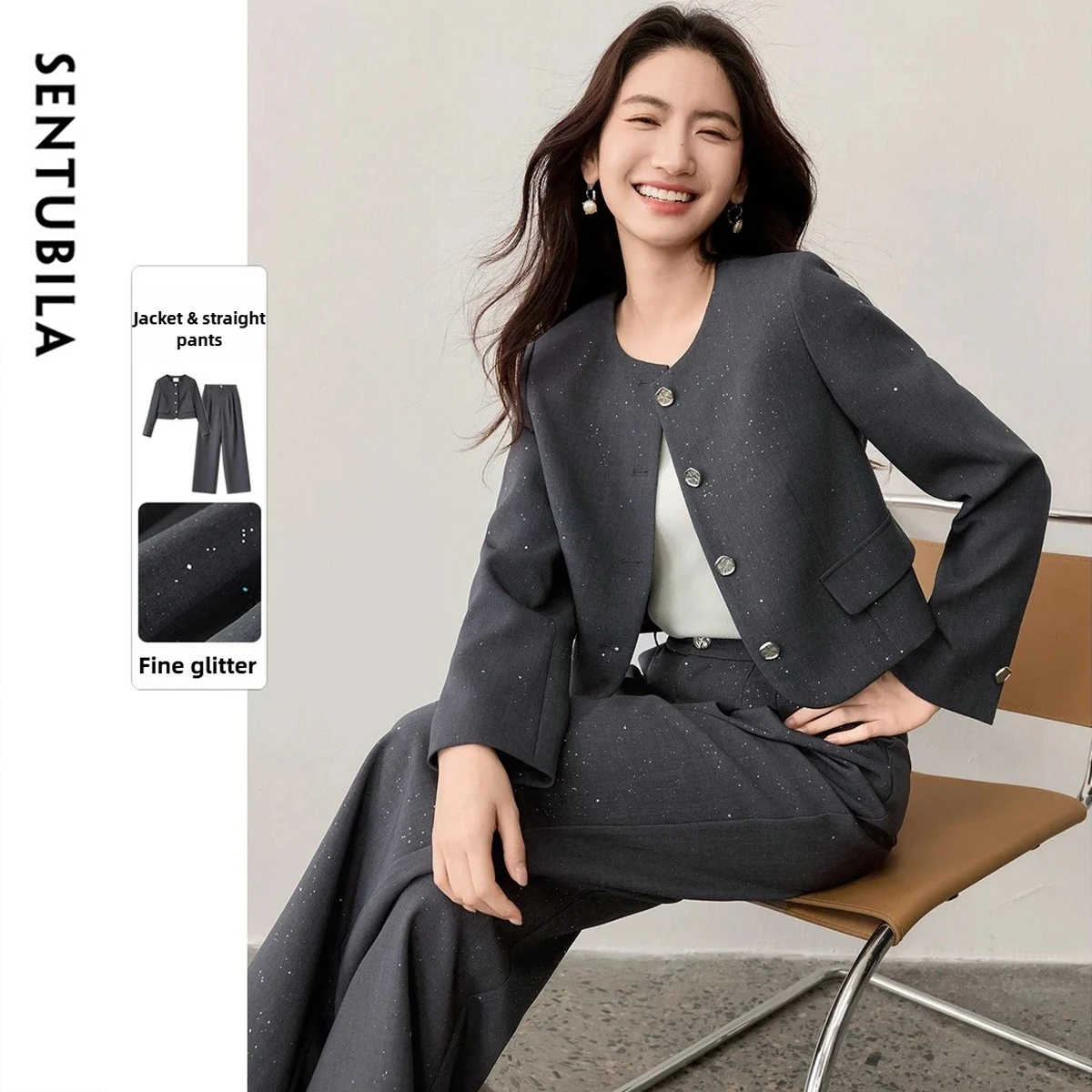 

SENTUBILA женский комплект из двух предметов, осень 2024, пальто с круглым вырезом и прямые брюки, офисный женский ленивый наряд с металлическими пуговицами 161ZA6521X