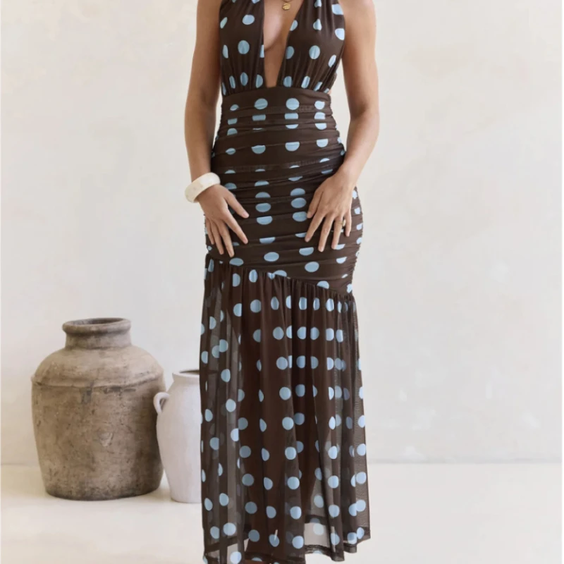 

2026 Summer New Neck Hanging Style Design Wave Point Collection Waist Long Dress for Women