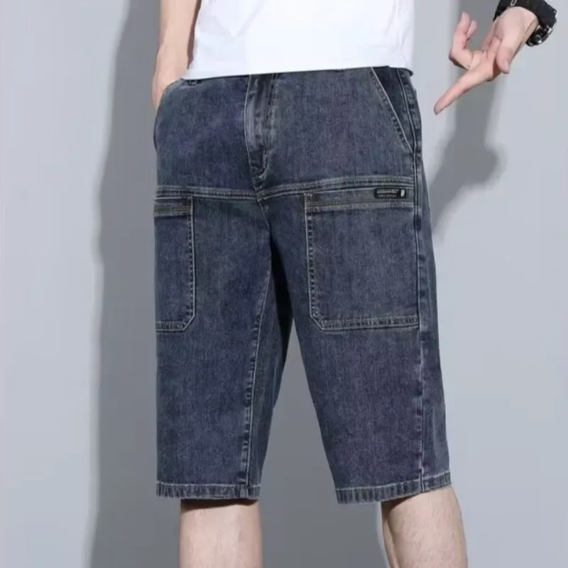

With Pockets Man Denim Shorts Baggy Wide Short Jeans Pants for Men Loose New in Sale Distressed Streetwear Harajuku Trend 2025