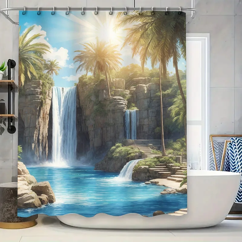 Cortina de ducha de cascada de lujo, decoración de baño con patrón de haz de sol de palmera, tela impermeable, diseño de paisaje de piscina azul perfecto para