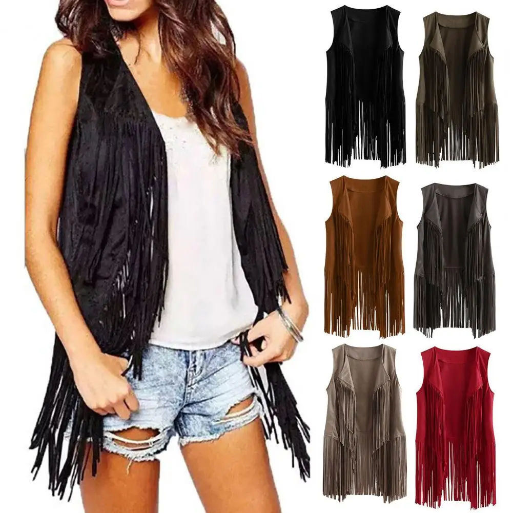 

Faux Suede Vintage Tassels Vest Women Punk Style Solid Color Slim Fringed Cardigan Vest Spring Autumn Vest Overcoat Jacket Vest